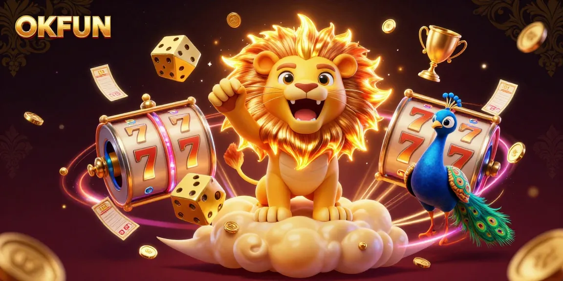 Engage with OKFUN's thrilling gaming adventure featuring dynamic slot reels and golden elements.