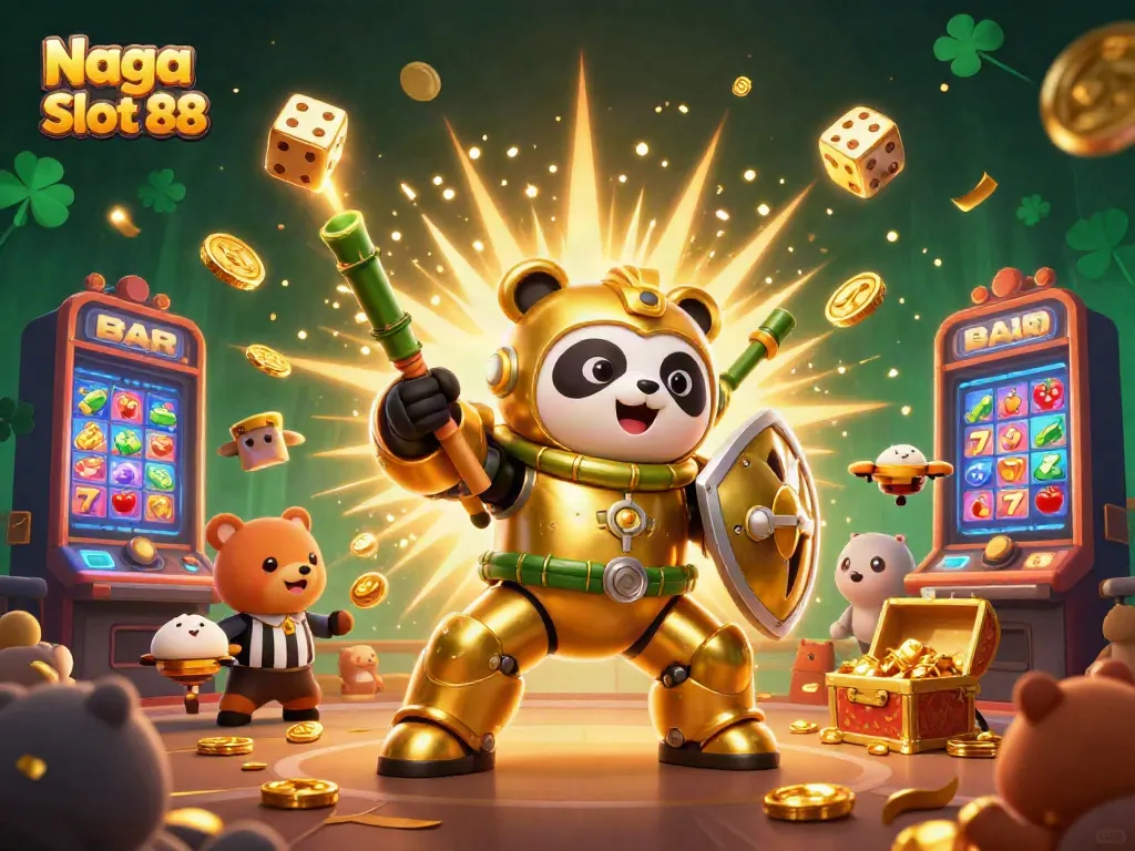 Naga Slot 88 showcases a golden panda in mech-suit amidst a thrilling jackpot explosion.