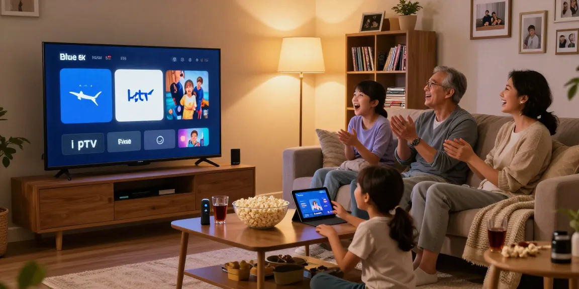 Experience family movie night with BlueSharkIPTV streaming on a Smart TV in a cozy living room.