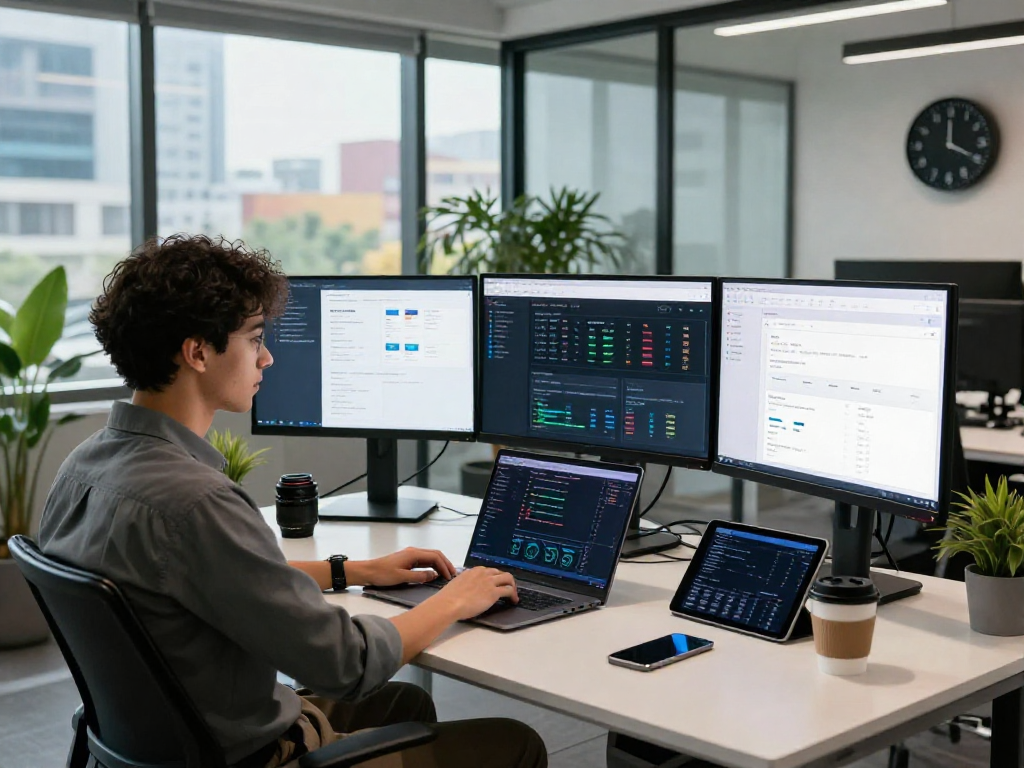 Modern workspace showcasing hosting mexico services on screens, highlighting web performance and tech setup.