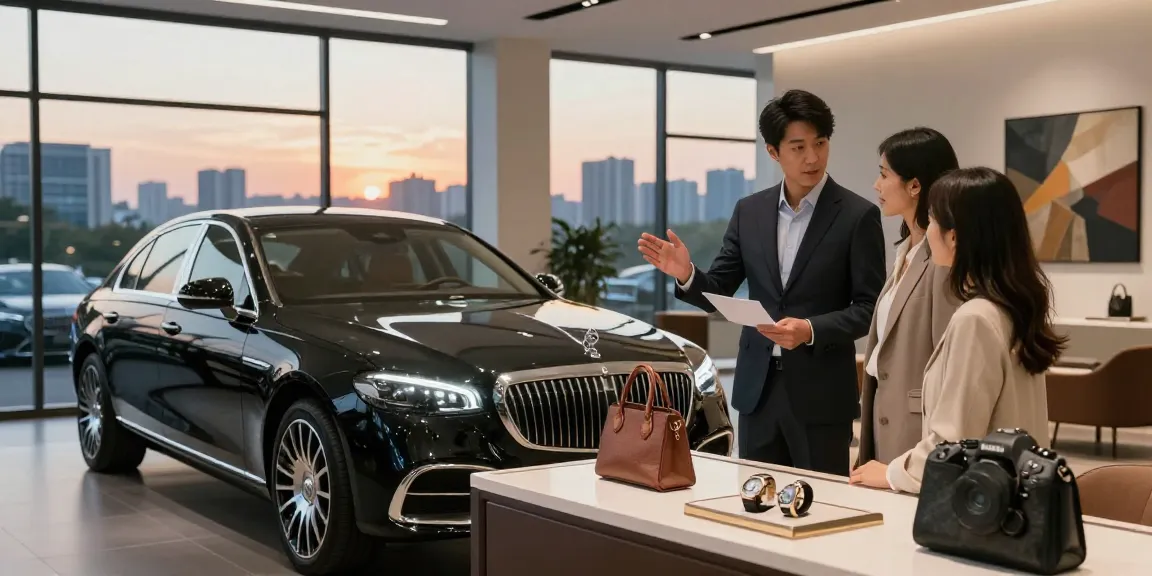 Interior showroom dari LUXURY 777 menampilkan mobil mewah dengan pencahayaan lembut dan aksesori premium.