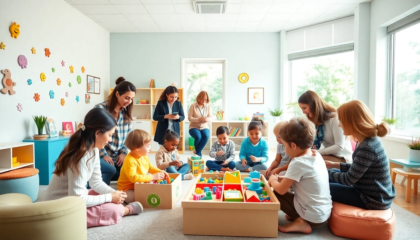Therapists engaged in ABA services with children in a bright therapy room.