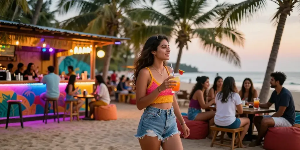 Goa call girls enjoying a vibrant night out at a beachside bar, showcasing lively atmosphere.