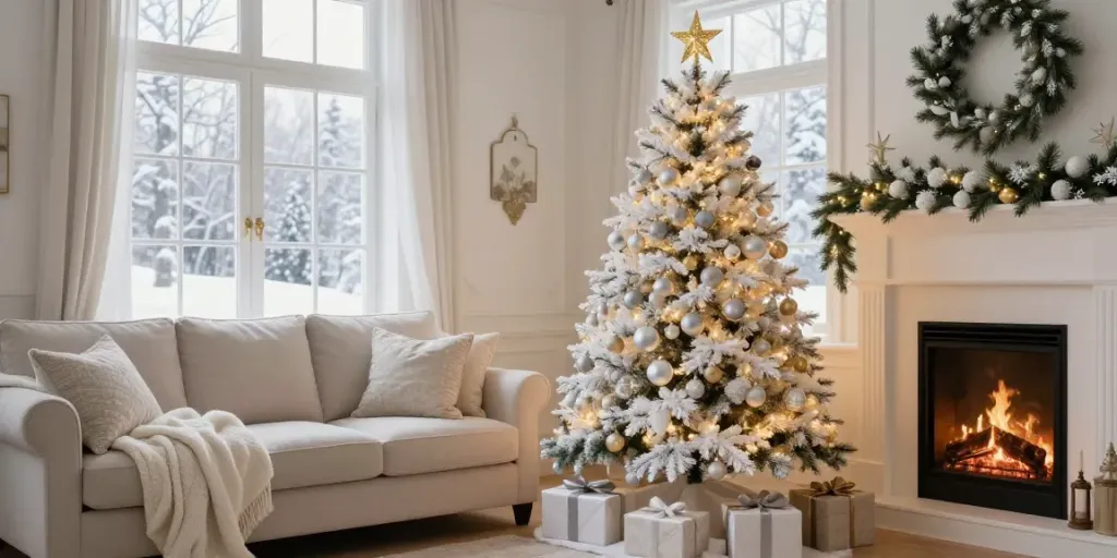 Beautifully decorated white Christmas tree with silver ornaments in a cozy living room