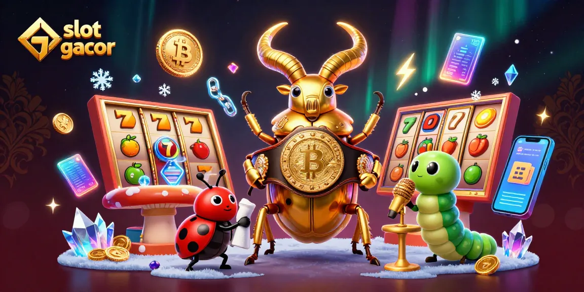 Experience slot gacor excitement with giant beetles and vibrant casino elements in this captivating 3D scene.