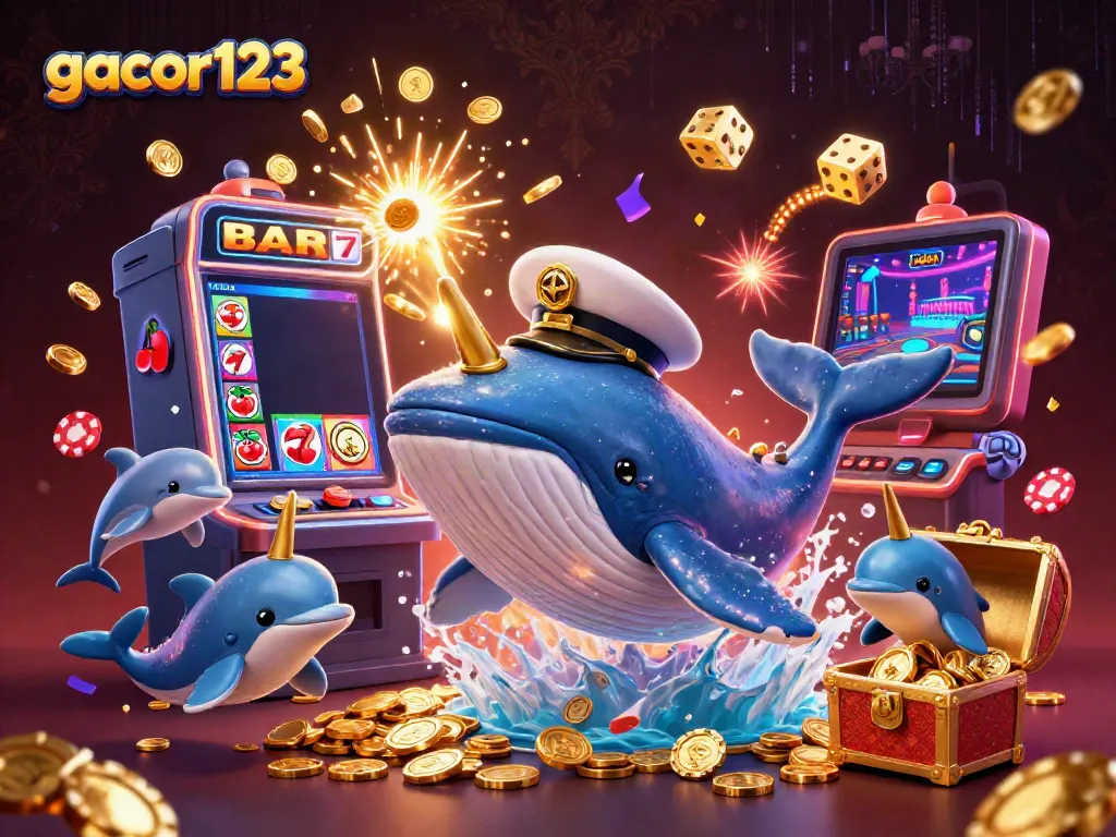 Experience thrilling gameplay with gacor123, featuring a cartoon whale, slots, and vibrant casino elements.
