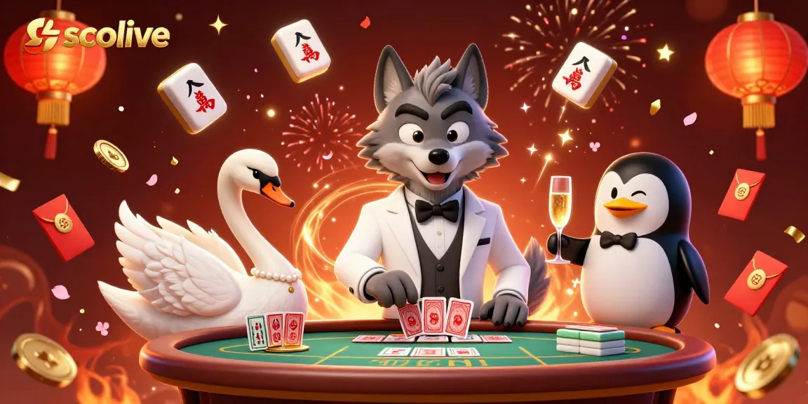 Experience high-stakes action with socolive, featuring a debonair wolf and elegant characters in a vibrant casino atmosphere.