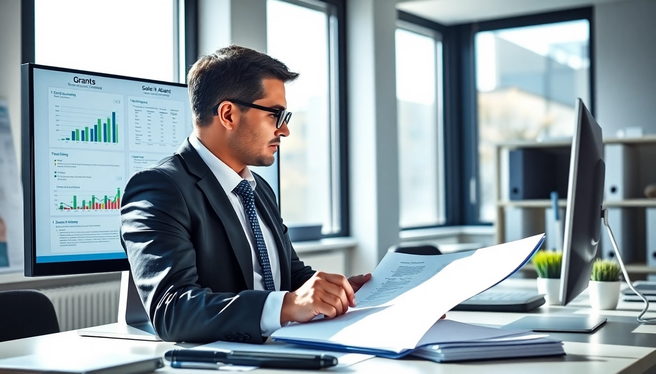 Analyze pre-post award compliance documents in a bright office environment.