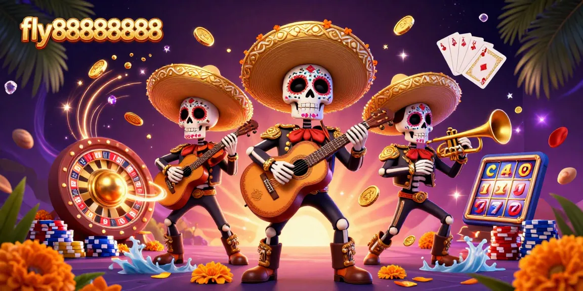 Experience vibrant gameplay at fly88888888 with mariachi characters, slot reels, and gold coins!