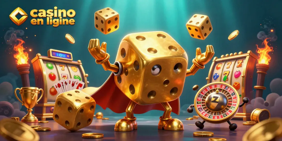 Visuels captivants de casino en ligne avec un golem de dés dorés et des éléments de machines à sous.
