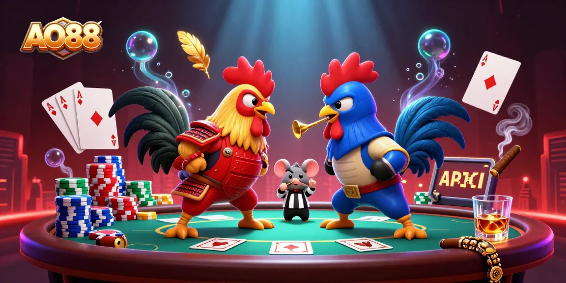 Engage in thrilling poker action at AO88 with dynamic 3D cartoon roosters representing fierce competition.