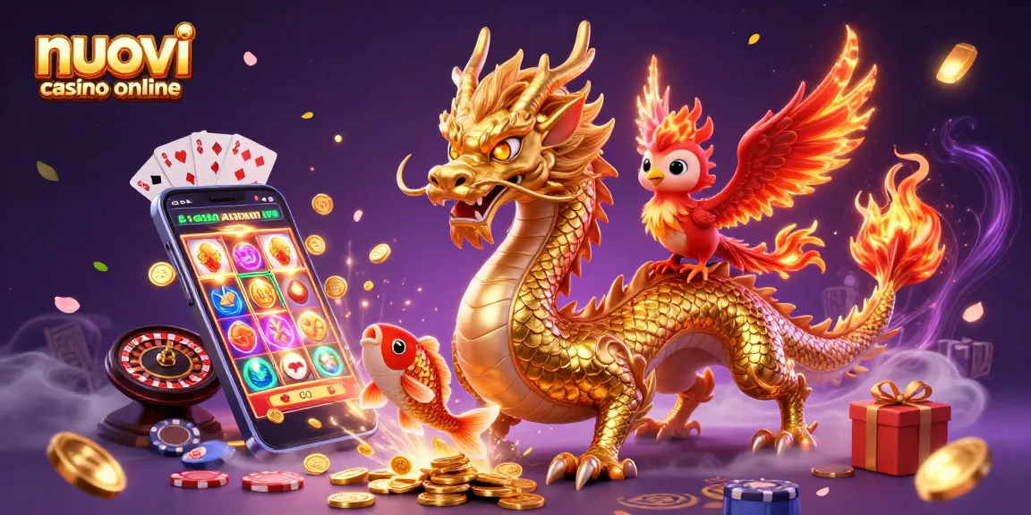 Scopri i nuovi casino online con un drago d'oro e un pesce fortunato in un'illustrazione vivace.