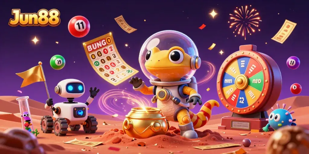 Experience the thrilling atmosphere of Jun88, where a Martian gecko discovers a hidden golden casino among colorful lottery elements.
