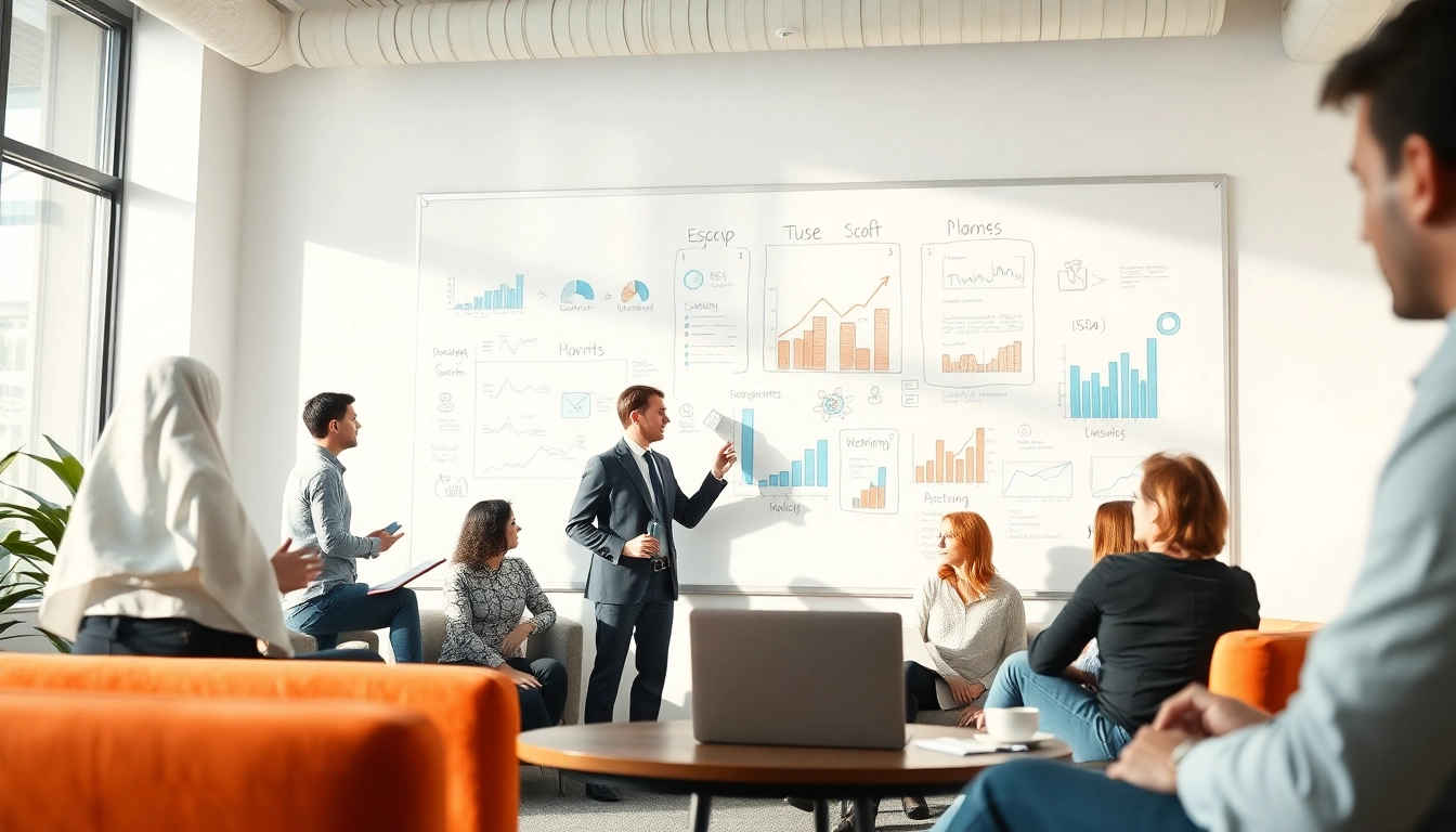 Marketing strategist collaborating with a team in a vibrant office environment.