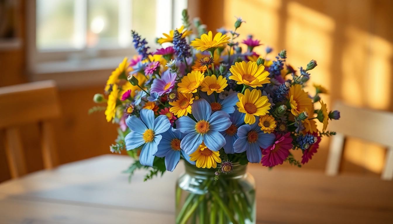 Bluetenbande bouquet arrangement showcasing vibrant flowers in rustic vase.
