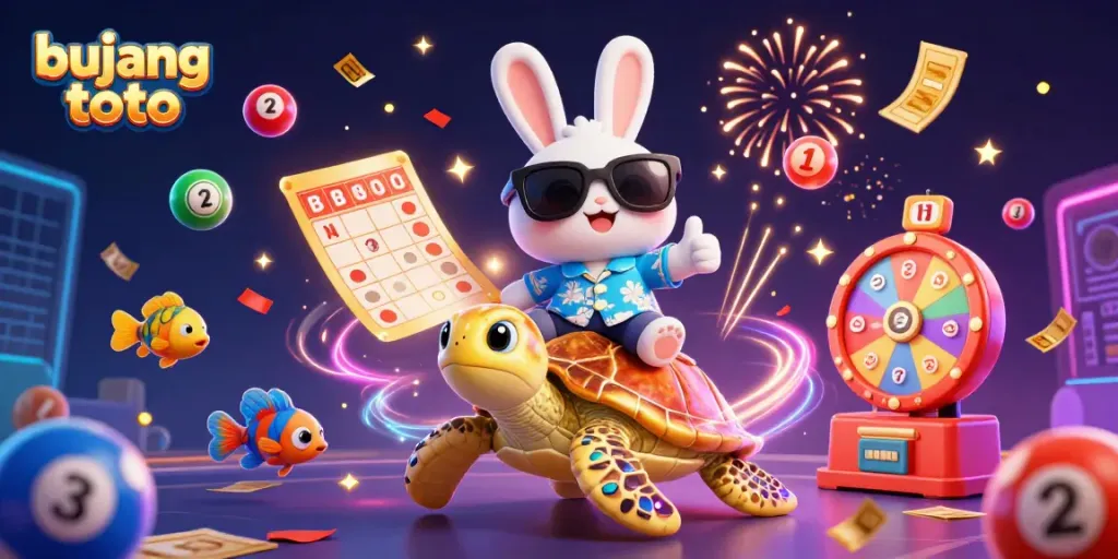 Experience the thrill of bujang toto with a lucky rabbit and sea turtle surrounded by vibrant gaming elements.