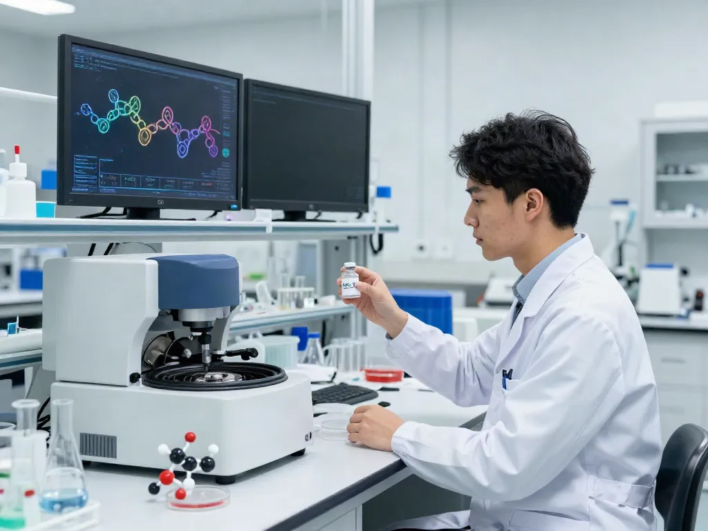 Scientist in a lab exploring ss-31 peptide for sale with advanced research equipment.