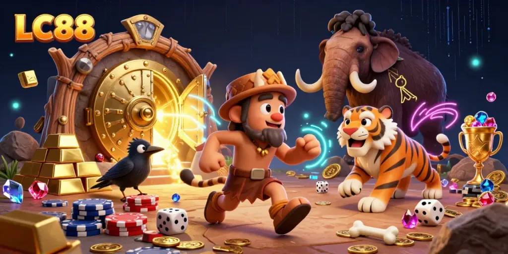 Experience the excitement at LC88 with our cartoon caveman and sabertooth tiger duo running a lively casino filled with treasures and games.