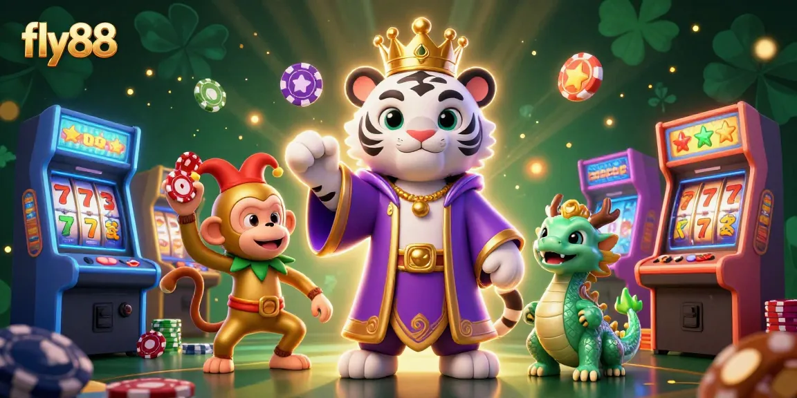 Experience fly88 with a lively 3D scene of a white tiger, a golden monkey, and a jade dragon among casino elements.