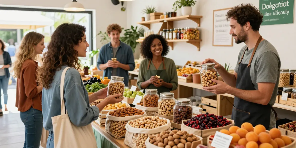 Shopper exploring fresh nuts and dried fruits at market, M98 ฝาก-ถอน savings opportunities.