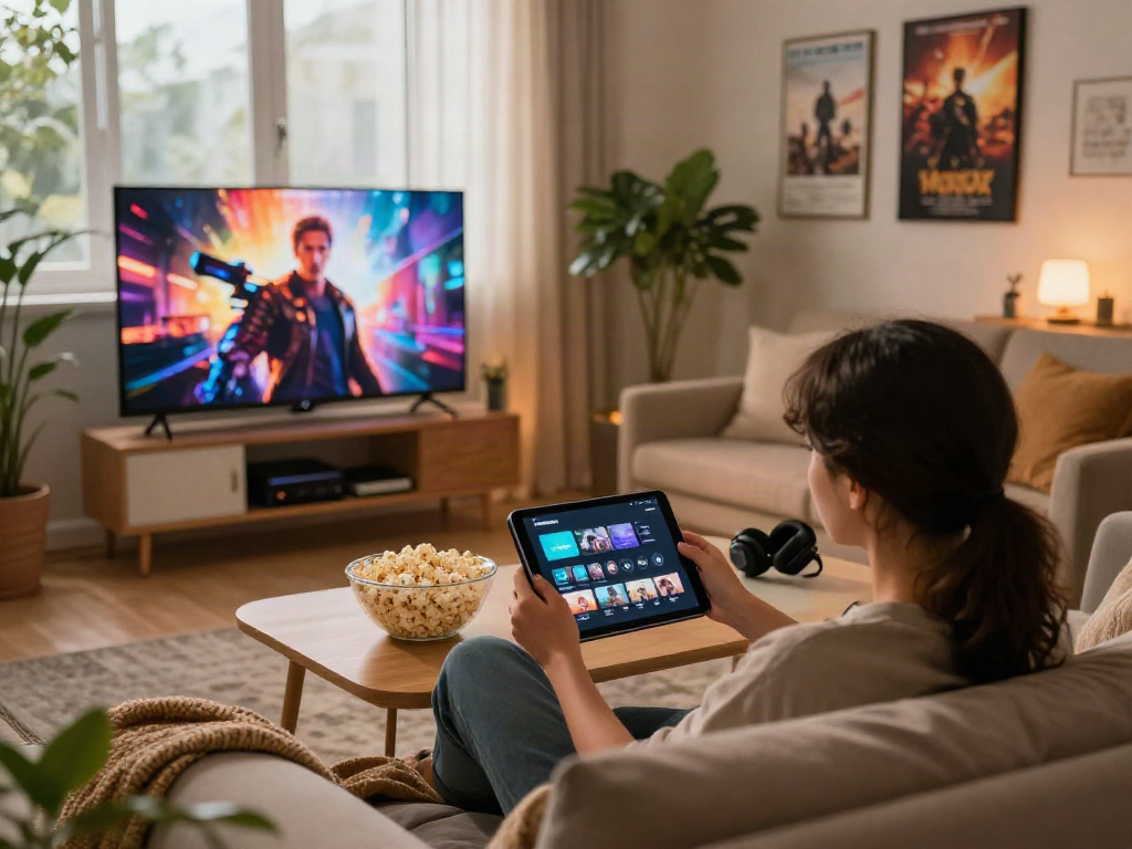 Enjoying movies on Moviebox apk in a cozy living room setting.