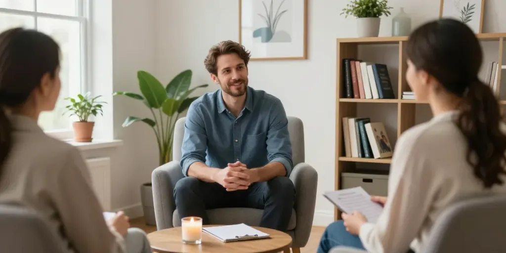 Male therapist Murfreesboro TN providing compassionate therapy in a warm office setting.
