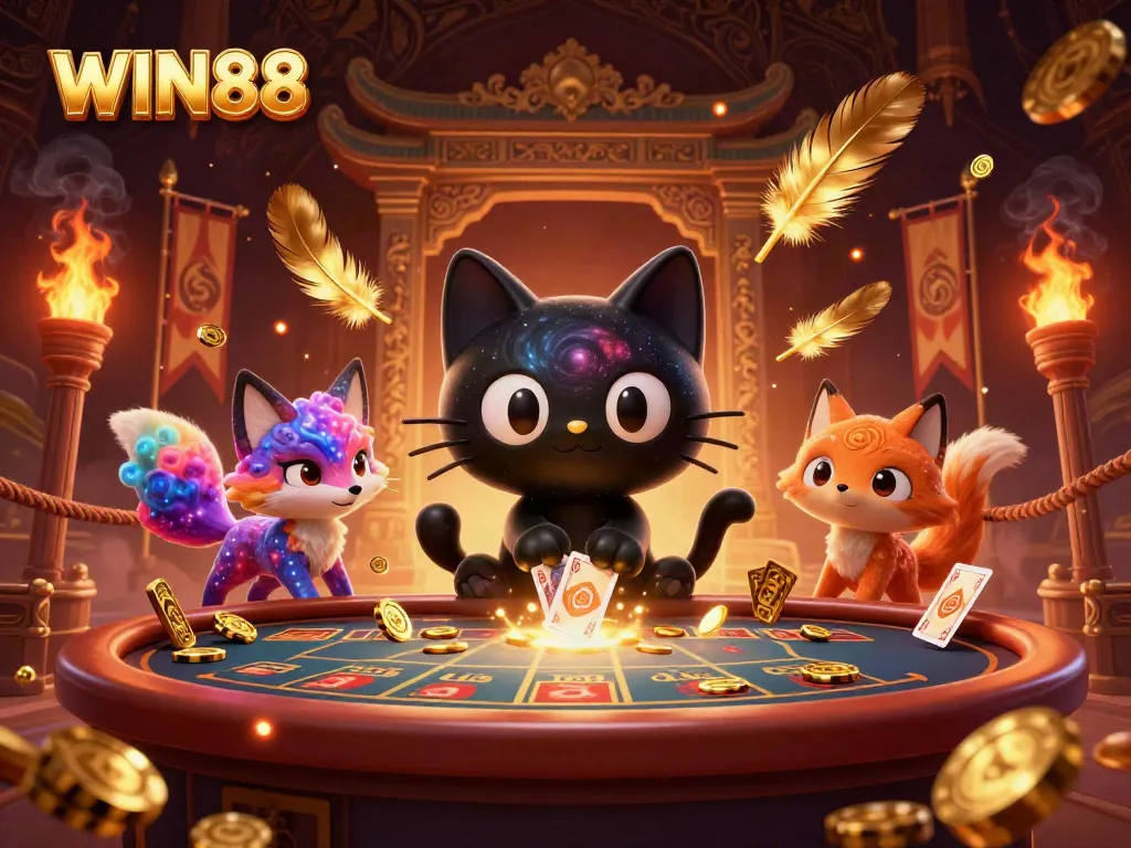 WIN88 cosmic casino scene featuring a black hole cat and colorful nebula fox.