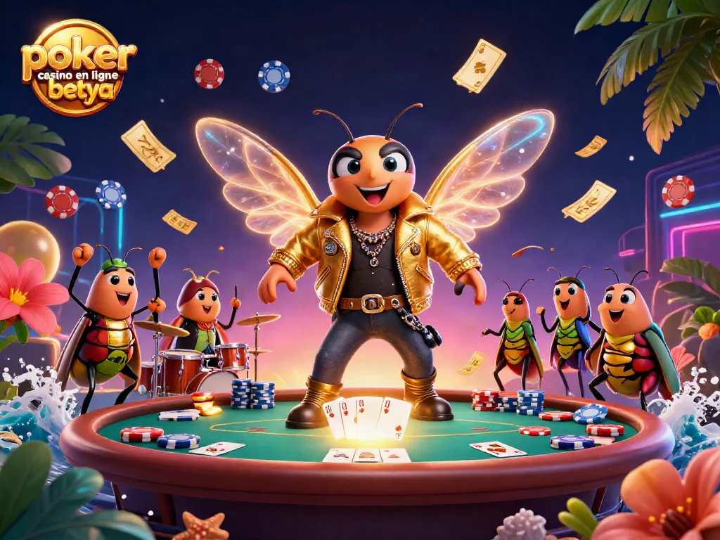Engaging poker action at poker casino en ligne betya with animated cicada and beetle performers.