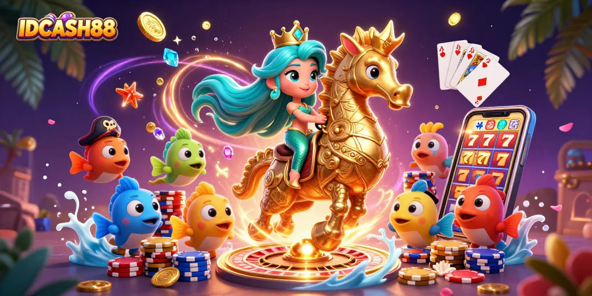 Experience thrilling gameplay with IDCASH88's vibrant mermaid casino adventure featuring colorful fish and slot machines.