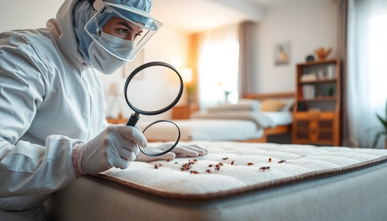 Bed bug exterminator inspecting a mattress for bed bug infestations in a home setting.