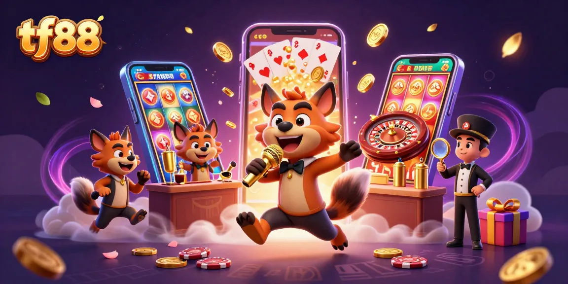Experience winning strategies with tf88 at this lively comedy casino club illustration.