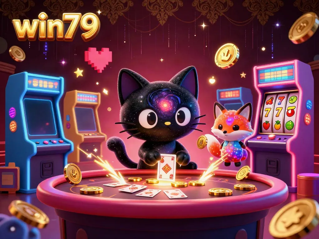 Engaging win79 illustration showcasing a cosmic casino with a black hole cat and colorful fox pulling in chips and cards.