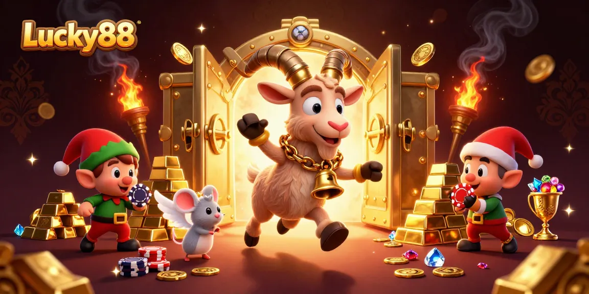 Experience Lucky88 in a festive casino scene with Krampus and charming characters managing chaos.