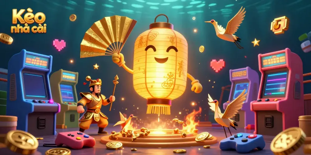 Engage with Kèo nhà cái through vibrant characters and dynamic game elements in a captivating casino scene.
