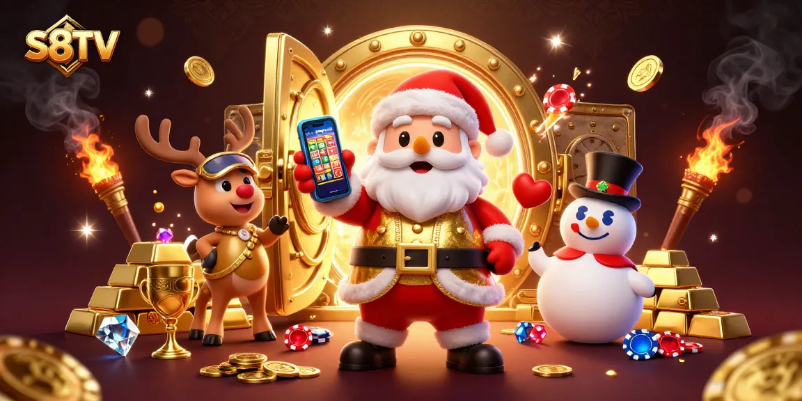 S8TV offers an immersive betting experience with Santa, his reindeer, and snowman amidst vibrant casino treasures.