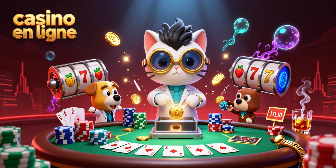 Illustration dynamique de casino en ligne avec un chat scientifique, un chien, et des éléments de poker.
