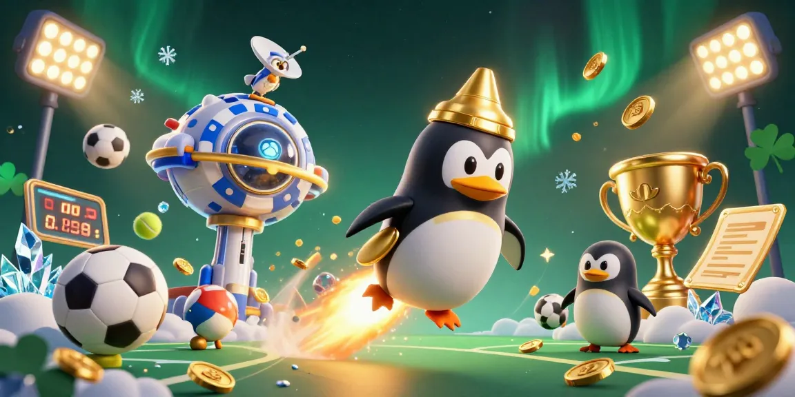 Experience the excitement of HWGSLOT with a golden penguin racing toward a vibrant casino chip station.