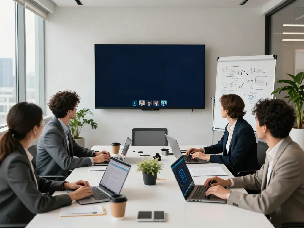 Deepfake-protected meetings in a modern office setting with diverse professionals collaborating safely.