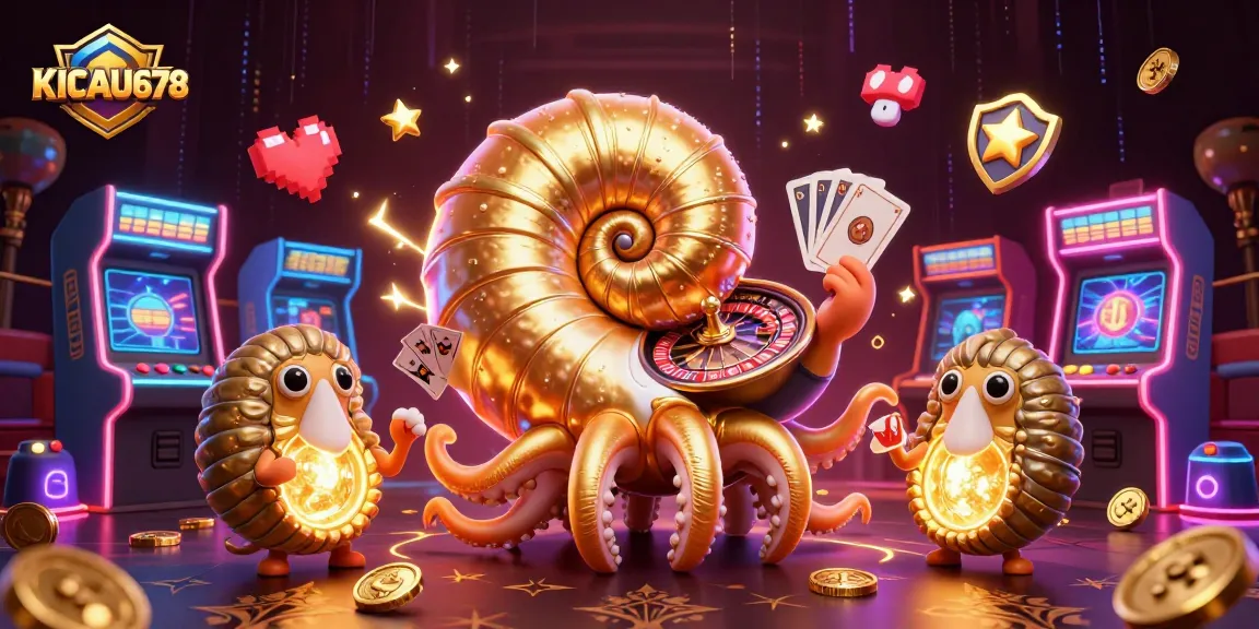 KICAU678 engages players in a vibrant casino world with a giant nautilus and retro gaming elements.