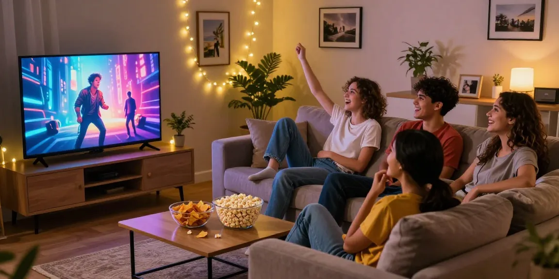 Enjoying premium entertainment at home with dez pila streaming, friends on sofa, snacks, and cozy lighting.