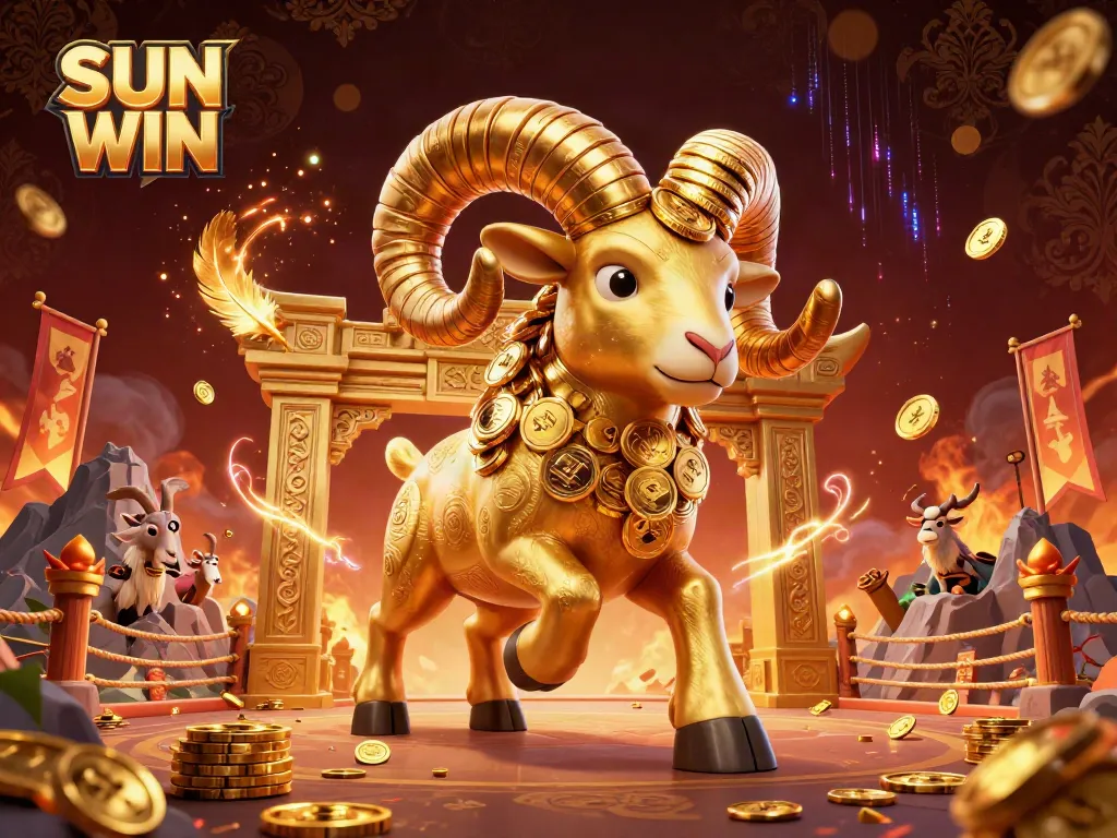 Experience unforgettable moments with SUN WIN as a golden ram charges through a vibrant casino atmosphere filled with coins and dynamic betting elements.