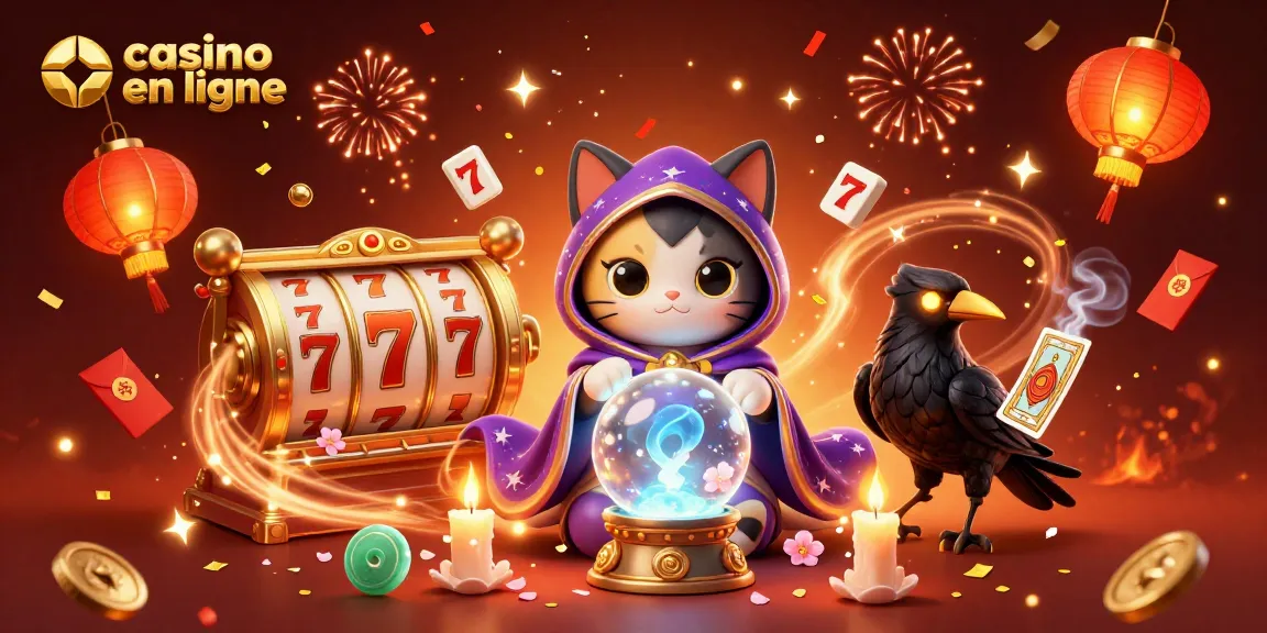 Des jeux captivants au casino en ligne avec un chat mystique et des éléments de chance vibrants.