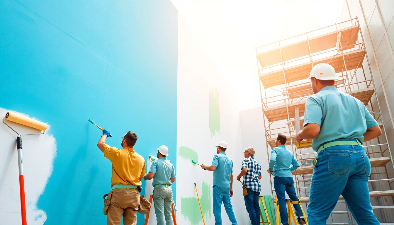 Commercial painting company working professionally on a large exterior building.