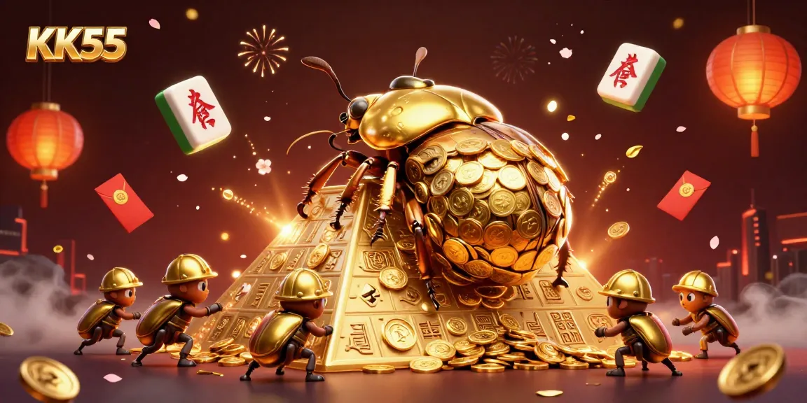 Experience thrilling moments with KK55 as beetles roll golden coins in this vibrant casino illustration.