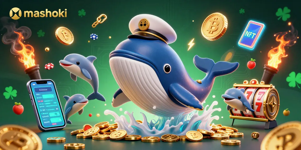 Engaging mashoki scene with a cartoon whale, narwhal, and dolphins showcasing vibrant gambling elements
