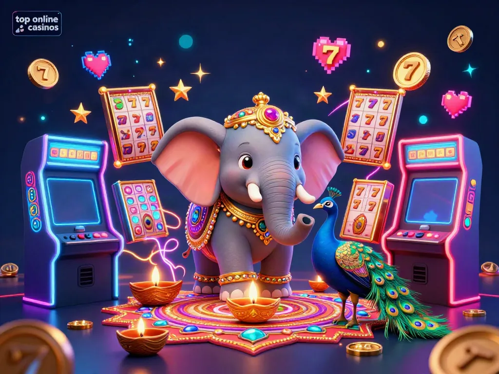 Celebrate with top online casinos in a vibrant 3D casino scene featuring an elephant and peacock.