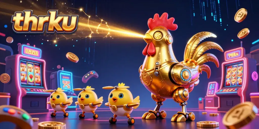 Experience thrilling casino fun with thr ku's golden rooster robot in a vibrant gaming scene.