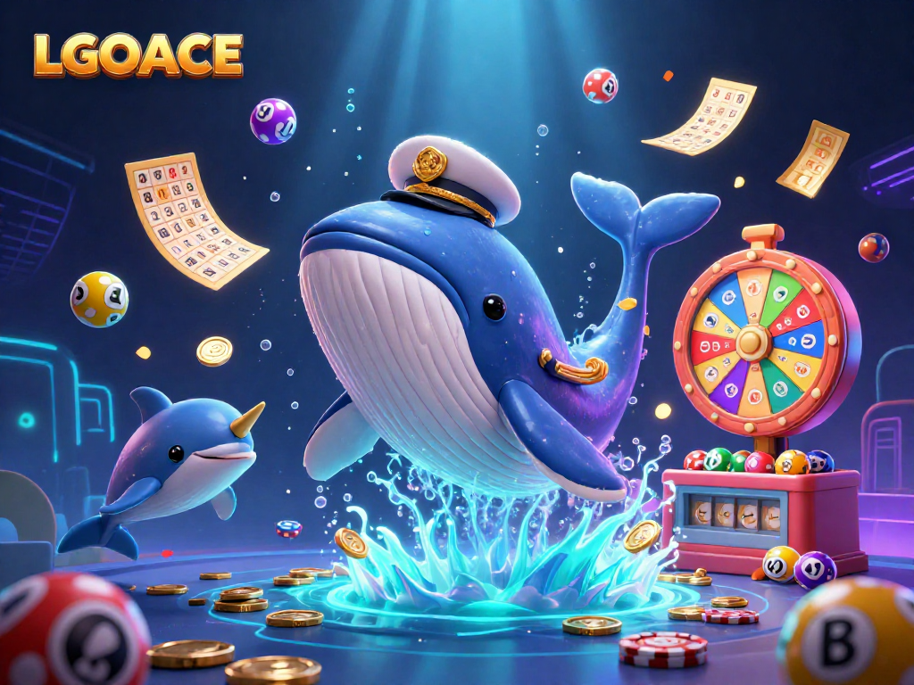 LGOACE showcases an epic underwater casino adventure with a whale captain and jubilant dolphins amidst vibrant games.