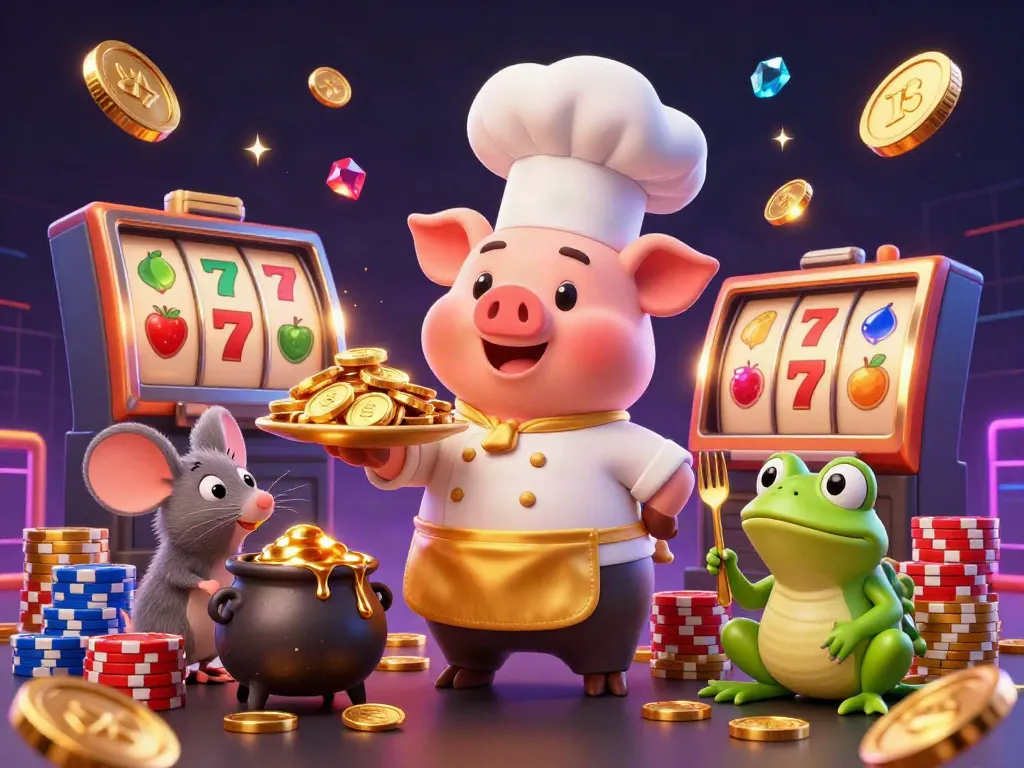 Ilustrasi ceria slot gacor dengan karakter kartun chef babi dan koin emas, menampilkan suasana kasino yang meriah.