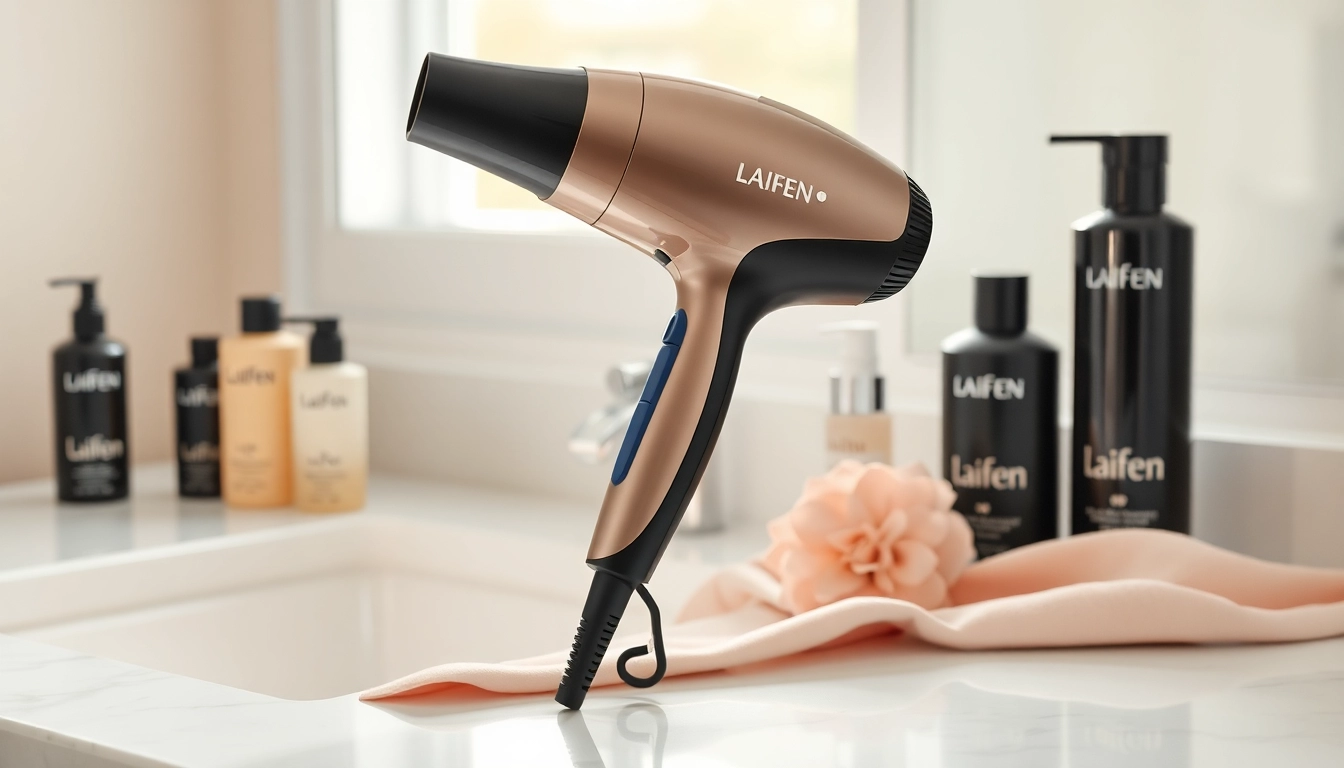 Stylish Laifen Swift hair dryer showcased on a vanity, surrounded by beauty products.